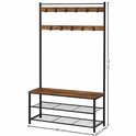 Zwart metalen staande kapstok, 175cm hoog, 85cm breed, 32.5cm diep, met houten planken en schoenenrek.
