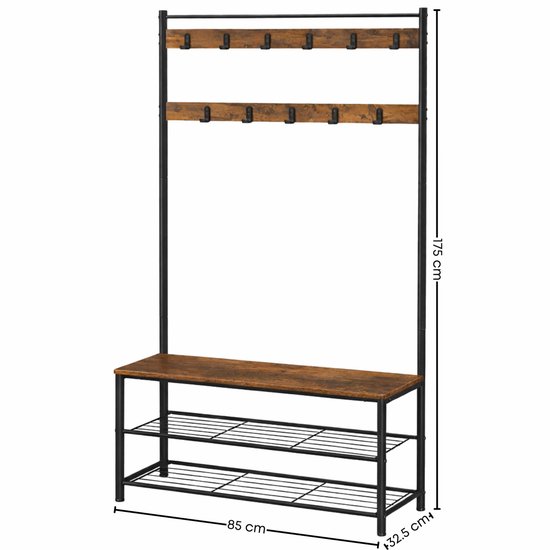 Zwart metalen staande kapstok, 175cm hoog, 85cm breed, 32.5cm diep, met houten planken en schoenenrek.