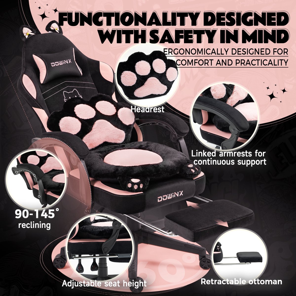 Dowinx Gaming Stoel Roze/Zwart Ergonomisch met Voetensteun - afbeelding 3