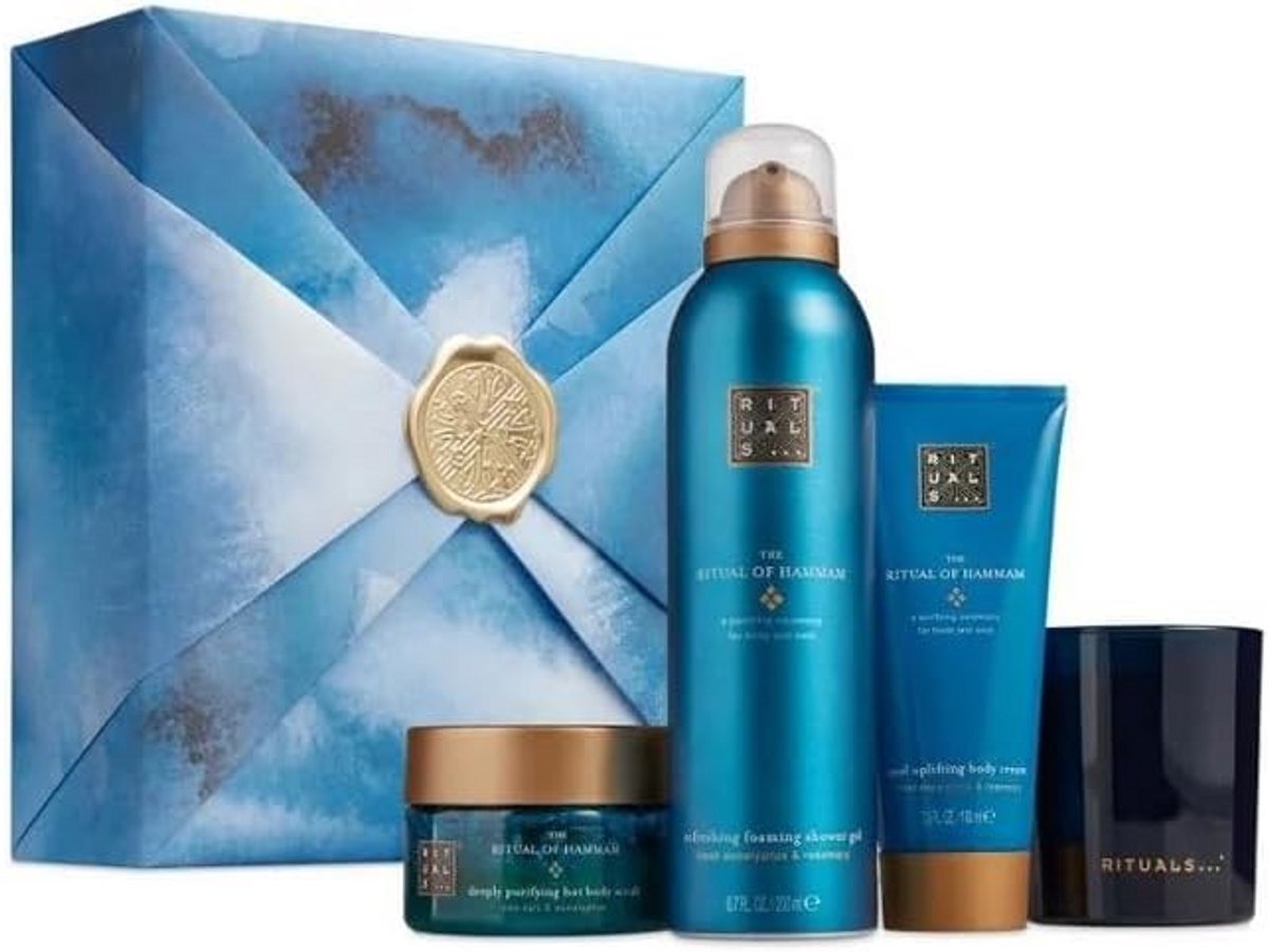 Verkwikkende Geschenkset Hamam - Douche Schuim, Scrub, Kaars en Bodycrème met Rozemarijn & Eucalyptus