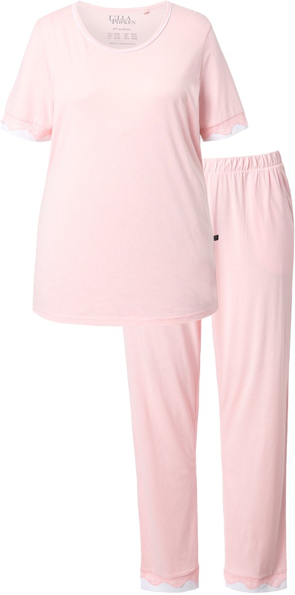 Ulla Popken Dames - Pyjama kanten randen ronde hals korte mouw - Sorbetroze - Maat 62+