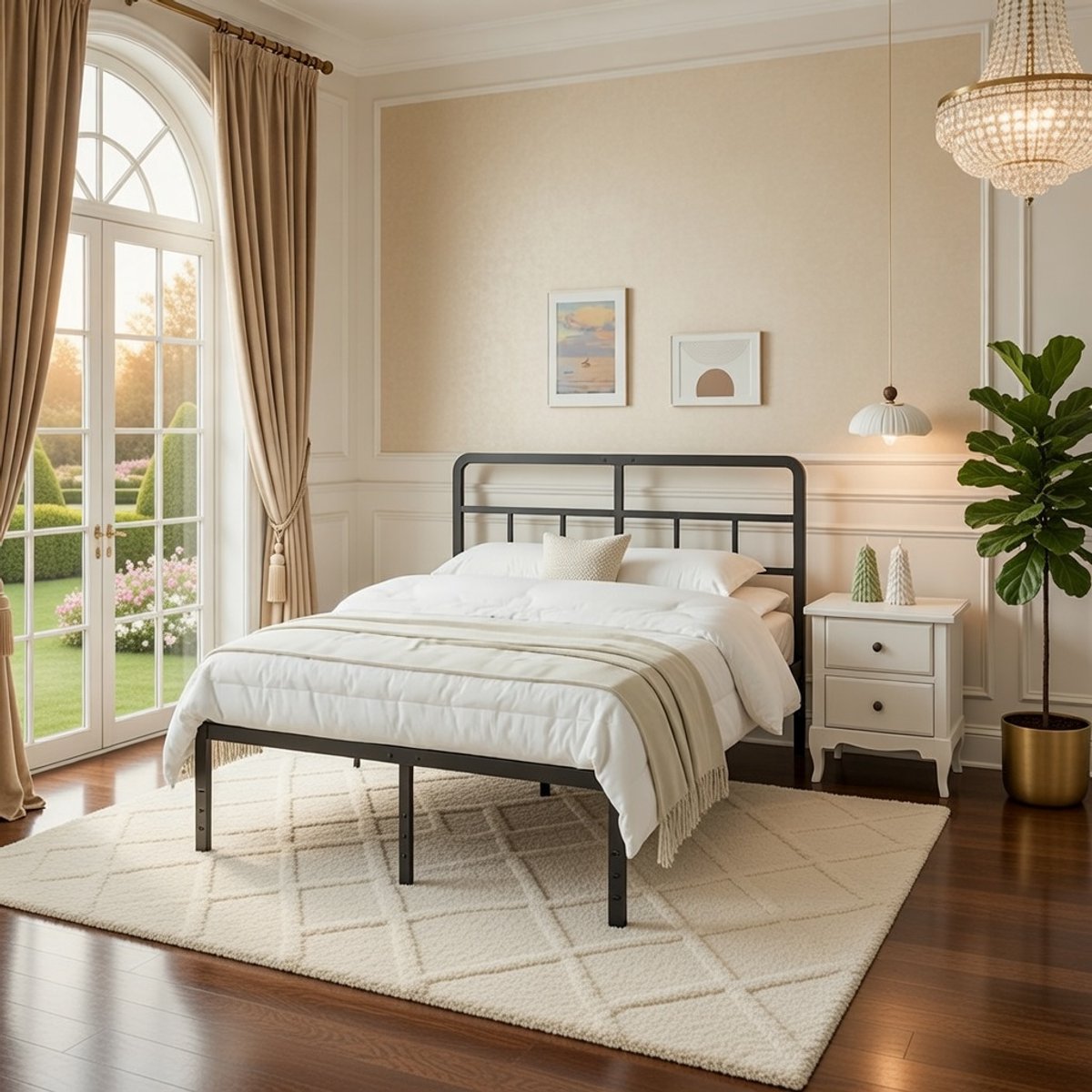 Luxe Tweepersoonsbed 180x200 cm - Metalen Bedframe met Gebogen Hoofdeinde, Piepvrij & Stabiel, Opbergruimte Onder Bed, Eenvoudige Montage, Zwart - Comfortabele Slaapervaring & Minimalistisch Design Casa Serena