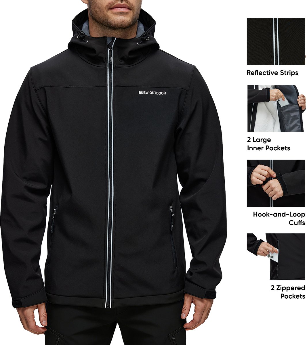 BUBW® Heren Outdoorjas Softshell Jas 4 Seizoenen Waterdicht Winddicht Ademend Met Capuchon Warm Gevoerd Zon Beschermend Outdoor Zwart