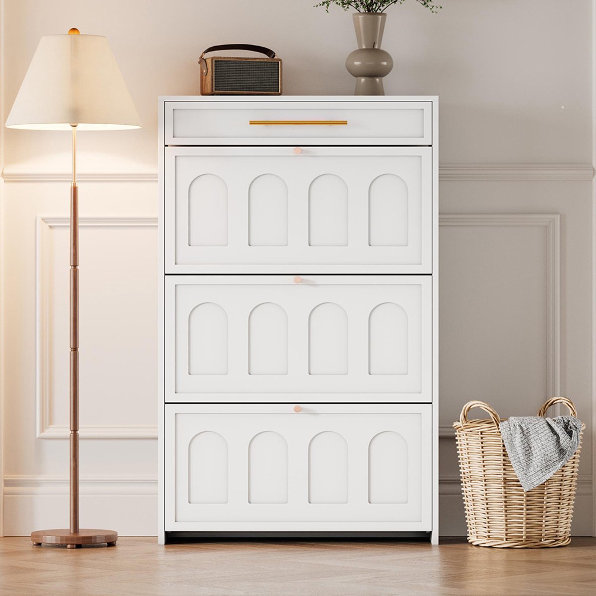 BLACKCOLORS 70*25*123,5 cm Moderne schoenenkast, met 6 vakken, 1 lade, schoenenkasten, hoge schoenenkasten, kan worden geplaatst in gangen, hallen, woonkamers en kantoren, MDF, wit