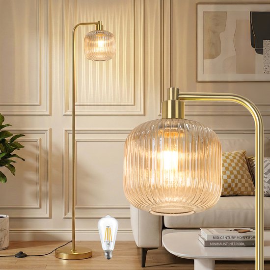 Rosnek Vintage Vloerlamp Amber Glas - Staande Bankierslamp - 170cm - Met Voetschakelaar - Inclusief Edison LED Lamp - Retro Design Goud