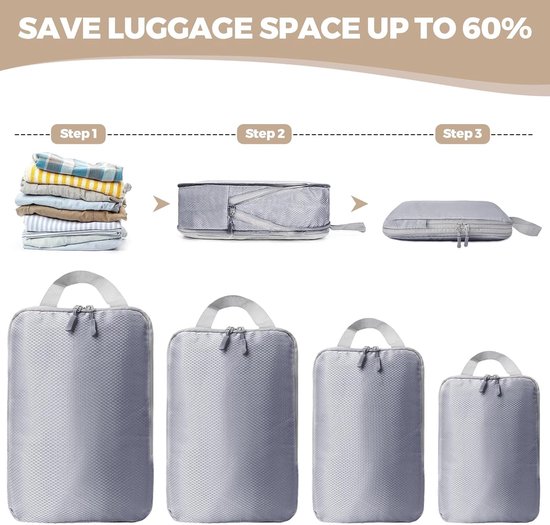 Set van 4 compressie-organizertassen voor koffers - Ruimtebesparende bagage-organizertassen, lichtgewicht en samendrukbare reisorganizertassen (zwart) — afbeelding 2