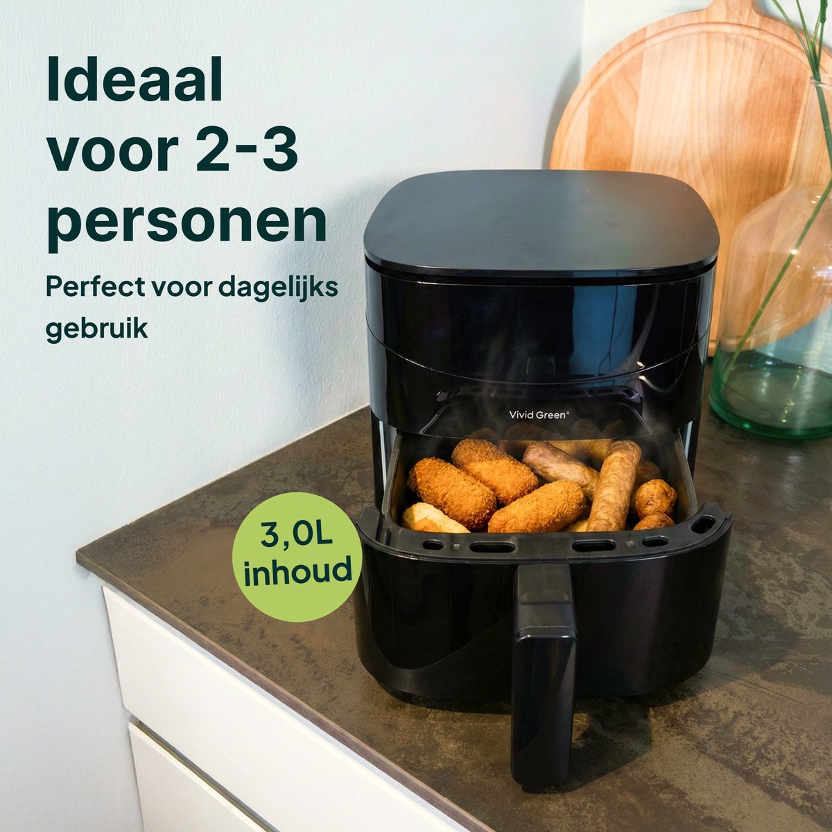 Vivid Green Airfryer 3L – 2 tot 3 Personen – PFAS-vrij – 8 Programma’s – Digitaal Display — afbeelding 4