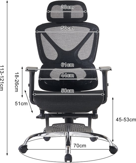 Voorste aanzicht van een zwarte ergonomische bureaustoel met afmetingen aangegeven in centimeters. De stoel heeft een gaasrug en hoofdsteun.
