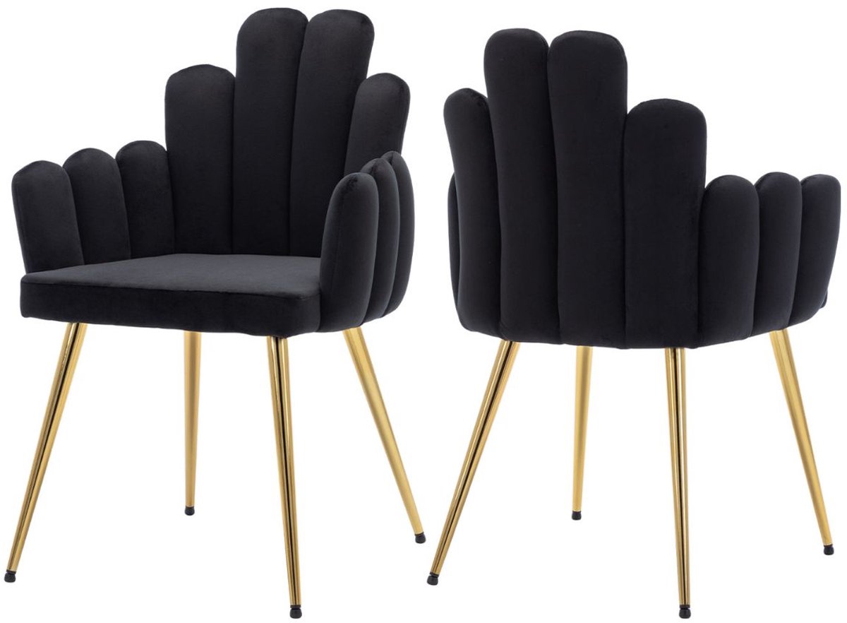 chairus Eetkamerstoel Set van 2 stoelen - Zwart - Velvet - Met Metalen Poten - Unieke Vinger Vormige Rugleuning - Inclusief Armleuning - Gewatteerde Zitting - Voor de Woonkamer en Keuken
