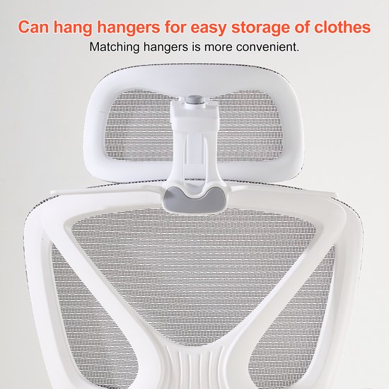 Bovenkant van de grijze bureaustoel met hoofdsteun en een bevestigingspunt voor een hanger.