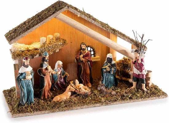 Houten Kerststal met Huisje, Mos en LED Verlichting (23 cm hoog)