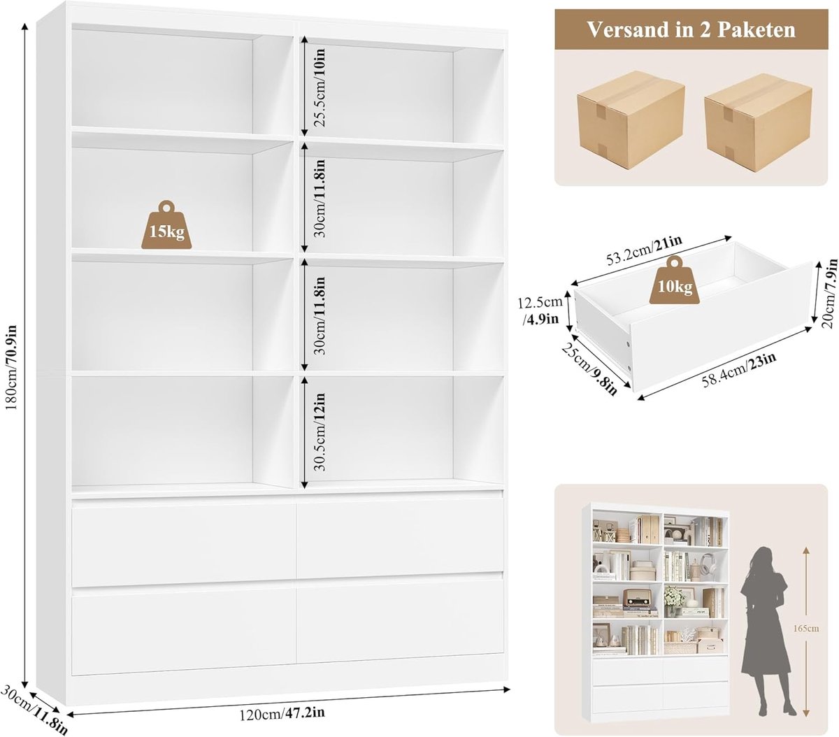 Hoge Boekenkast met Laden – Casa Velluto Lumina 180 cm Grote Boekenkast met 8 Vakken en 4 Laden – Multifunctionele Vitrine / Keukenkast / Woonkamerkast – Wit – 180 x 120 x 30 cm