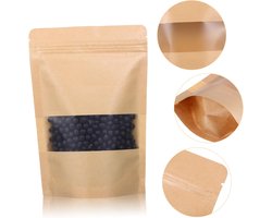 Kraftpapieren Stazakjes Met Venster | Hersluitbare Ziplock Zakjes | Voedselveilig Kraft Papier | Snack Zakjes | Thee Koffie Kruiden Bewaren | Noten Snoep Opbergtas | Staande Traktatiezakjes | Eco Kraft Zakjes | Zelfsluitend Verpakking | 9x14 cm | 10X