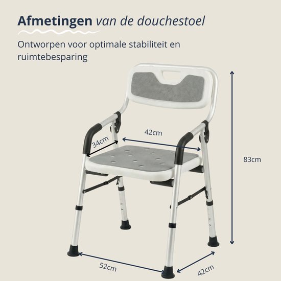 BY JRM® Inklapbare Douchestoel - Douchekruk - Incl. badset, douche puff, douchekophouder - Met Armleuning - Hoogte Verstelbaar - Antislip - Grijs