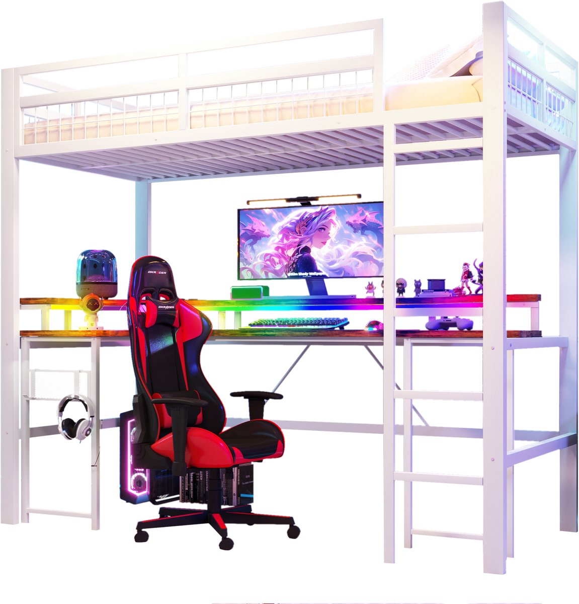 REDOM Hoogslaper 90x200 cm – Met Bureau, App LED, USB-C & Stopcontacten – Slim Kinderbed Voor Tienerkamer En Studieplek – Metaal En MDF – Wit