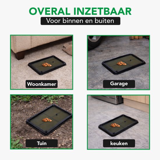 Vier afbeeldingen tonen de Jardon lijmval in een woonkamer, garage, tuin en keuken. De tekst is 'Overal inzetbaar'.