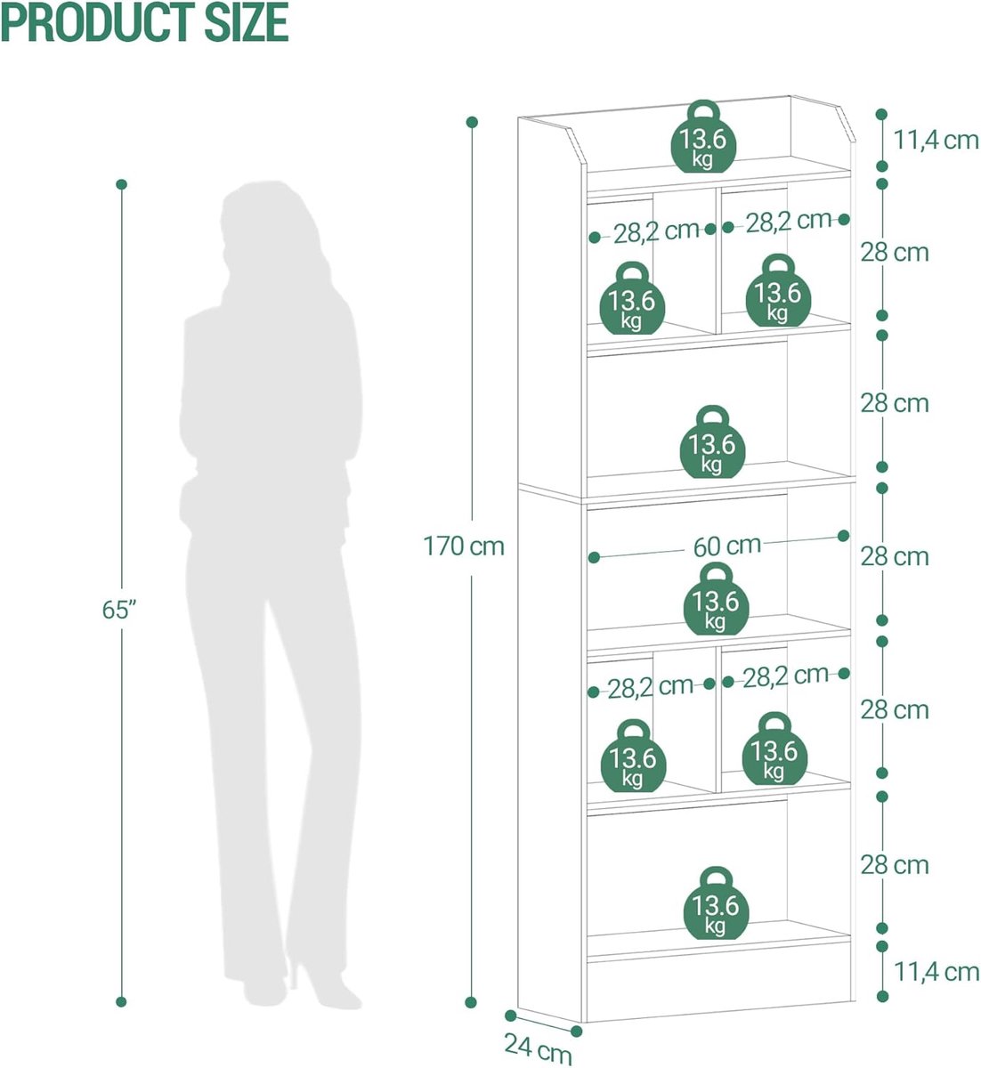 Boekenkast met 6 Lagen – Casa Velluto Milano 170 cm Hoge Opbergkast met 8 Vakken – Smalle Vrijstaande Boekenplank voor Woonkamer, Thuiskantoor en Slaapkamer – 24 x 60 x 170 cm – Eiken
