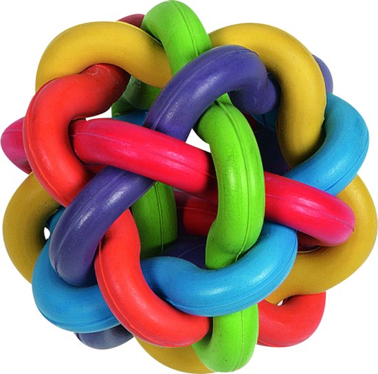 Kleurrijke, gevlochten rubberen bal van rode, blauwe, groene, paarse en gele lussen.