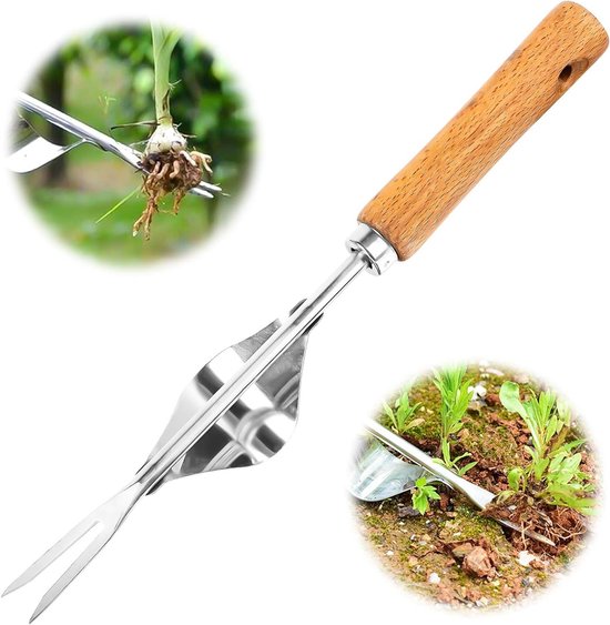 Onkruidsteker met houten handvat voor tuinieren en wieden van onkruid