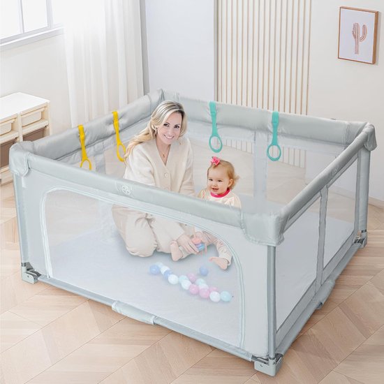 MELVRA Opvouwbare Speelbox - Babybox - 127x127 cm - Grondbox voor Baby & Peuter - Binnen & Buiten - Inclusief Reistas, 20 Ballen & 4 Handgrepen - Grijs — afbeelding 2