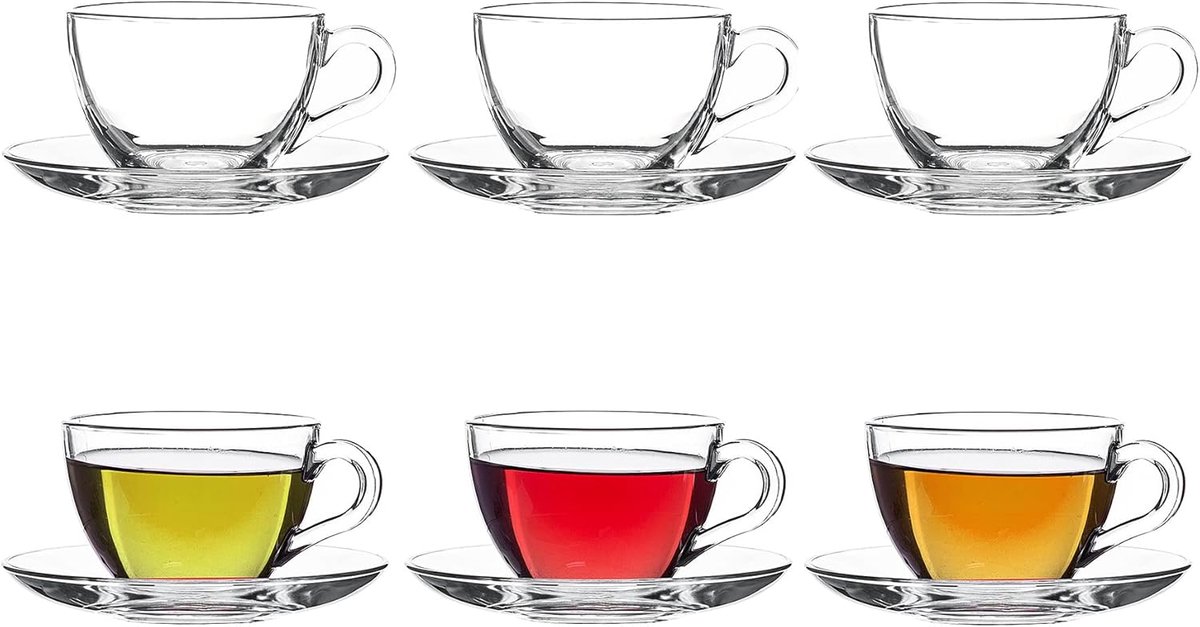 NORDIC SCHILLER Glazen Koffie- en Theeglazen Set - 12-delig - 238 ml - Met Schotels - Hittebestendig Glas - Vaatwasserbestendig