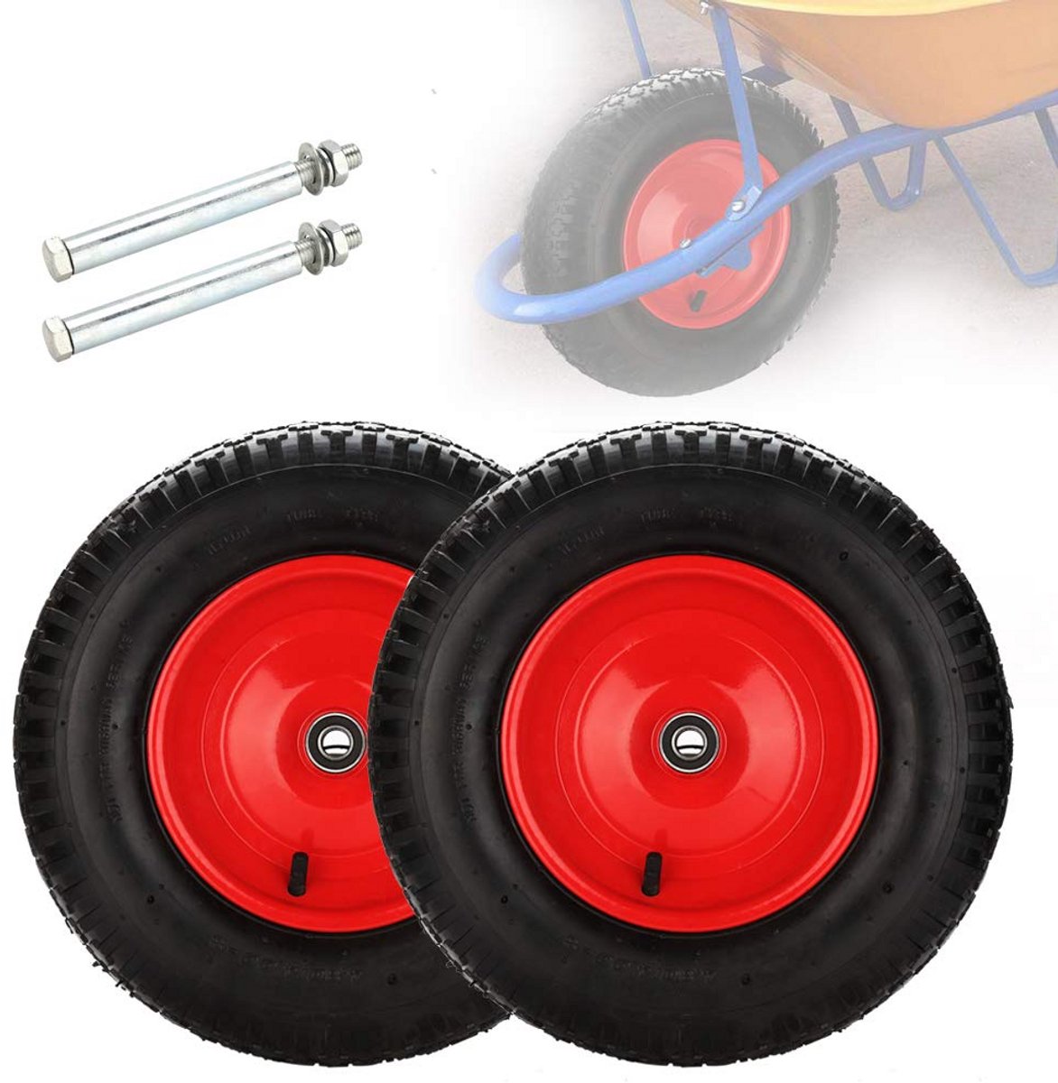 2x Reservewiel voor Kruiwagen met As, Luchtband 390 mm, Draagvermogen 200 kg