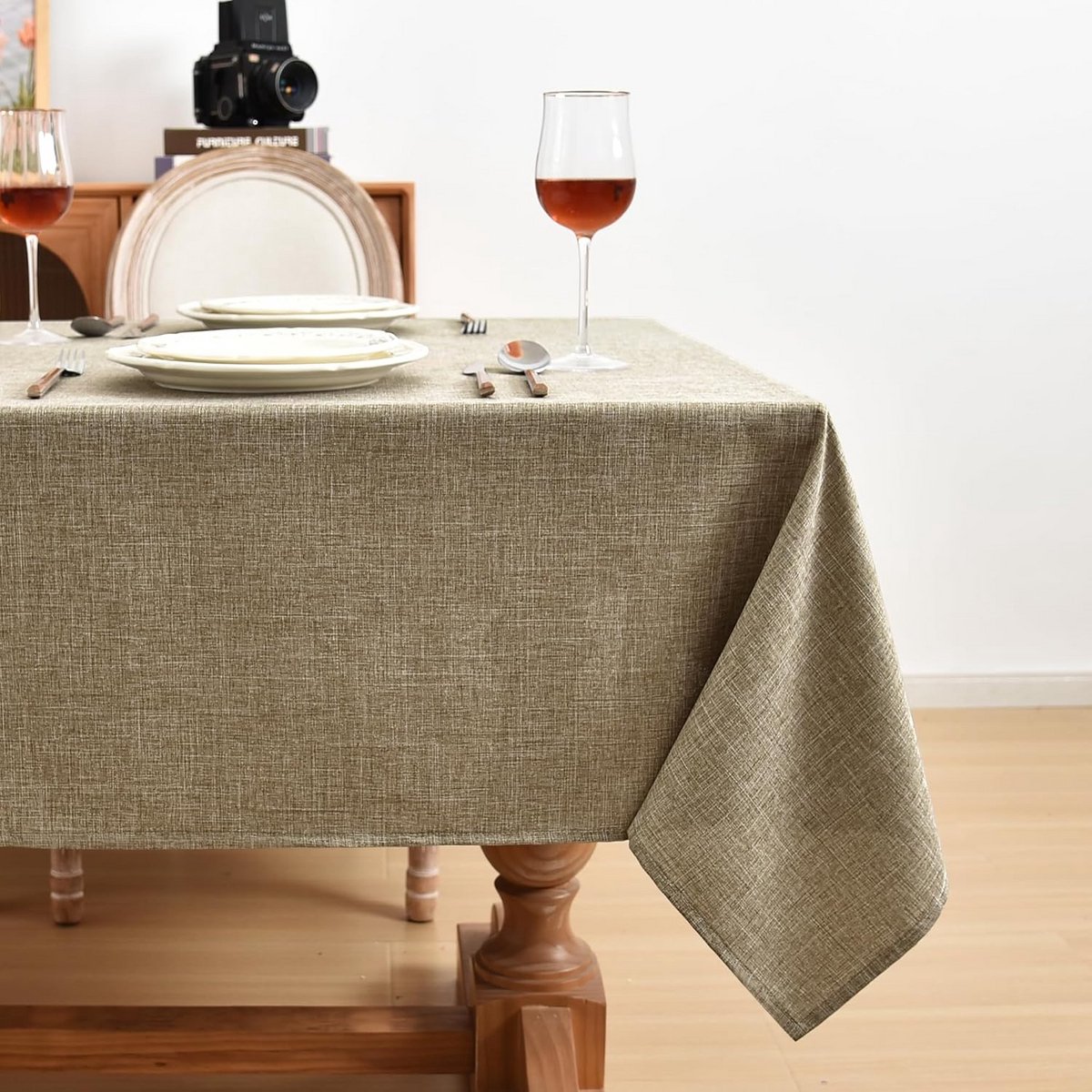 Set van 2 Rechthoekige Tafelkleden Linnenlook Kaki 152x259 cm voor Eettafels