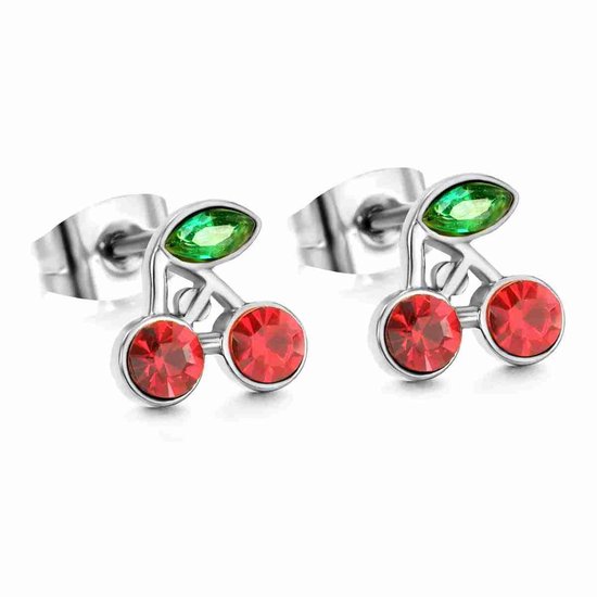 Boucles d'oreilles en acier chirurgical - clous d'oreilles de couleur argent - Cerises avec cristaux
