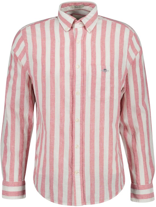 Heren overhemd met lange mouwen, roze en witte strepen, button-down kraag en borstzakje met logo.