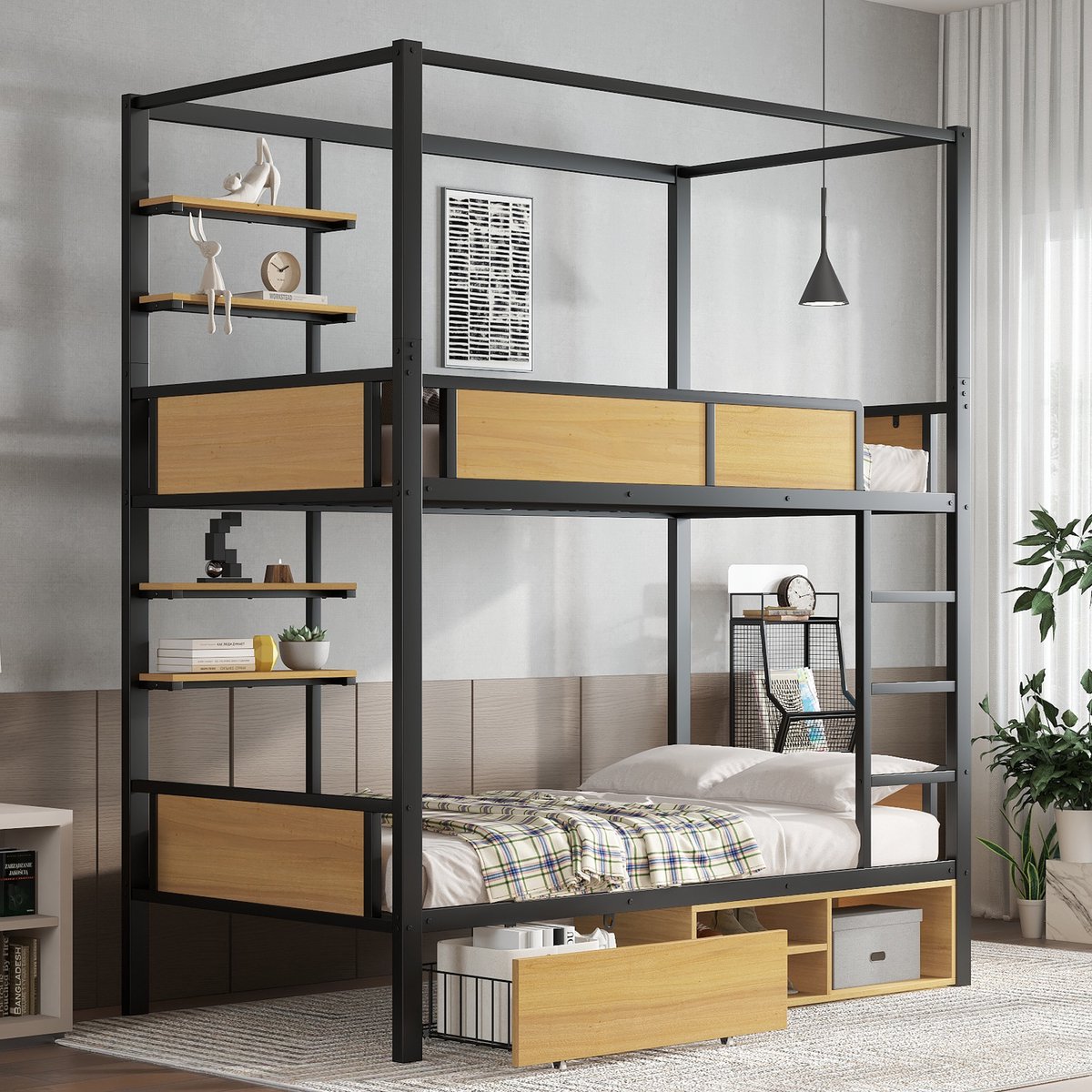 Clruro Stapelbed - 90x200 - Met Zijplanken En Opbergruimte Onder Bed - Metaal MDF - Zwart en Naturel Zwart+Natuurlijk