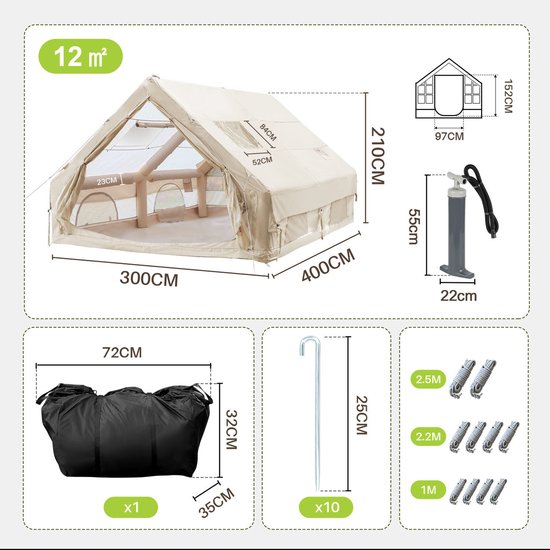 opblaasbare tent opblaasbare glamping tent Tot 6-8 personen Beige Waterdicht Camping, Tuin, Glamping 300x400x210cm van Merkloos — afbeelding 2