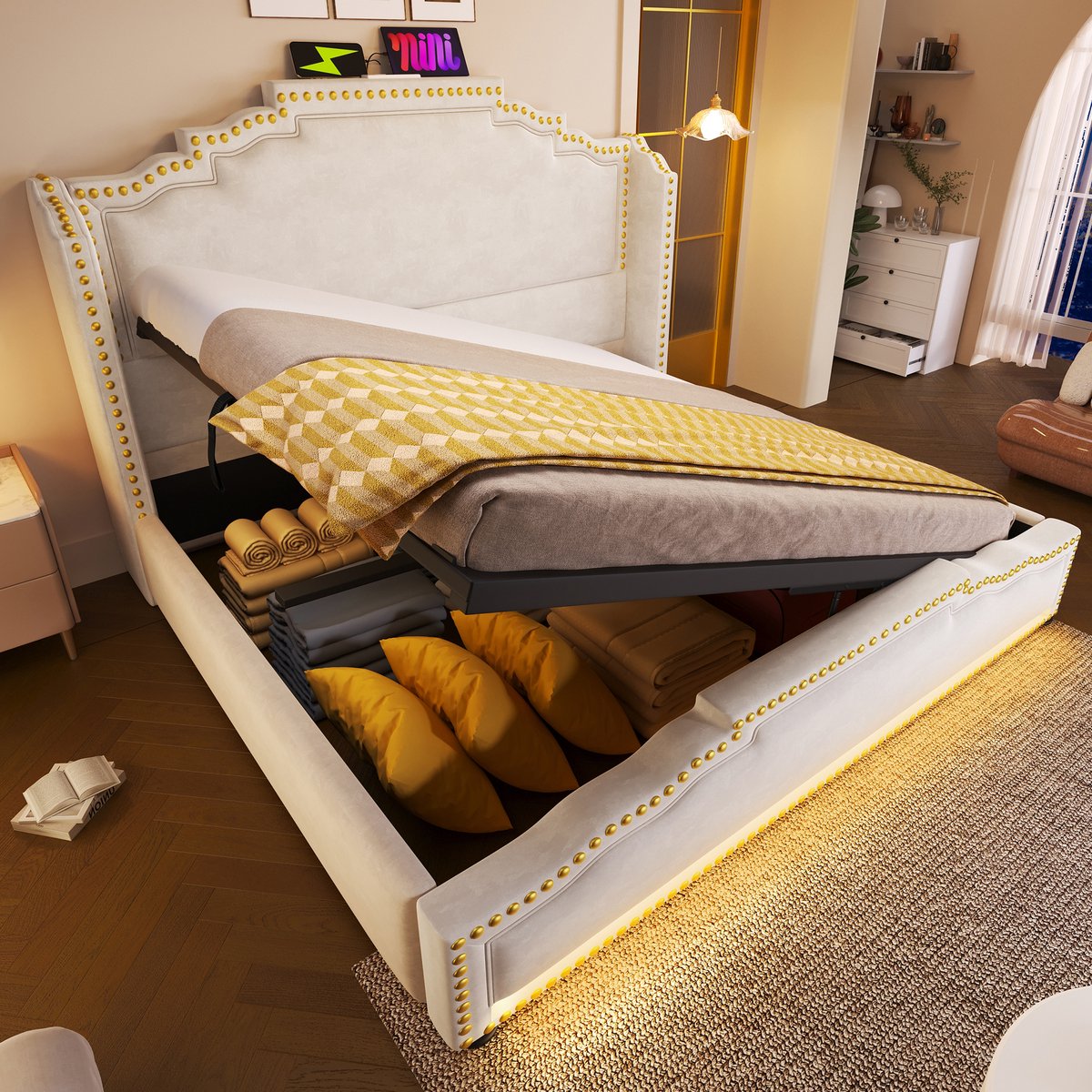 Gestoffeerd Tweepersoonsbed - 160x200 - Hydraulisch Opbergbed + LED + USB-C Opladen - Lattenbodem Inclusief - Samt - Beige