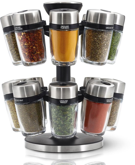 Cole & Mason Cambridge Kruidenrek – 16 Kruidenpotjes – Draaibare Kruidencarrousel – Inclusief Gevulde Potjes – Luxe Keukenaccessoire