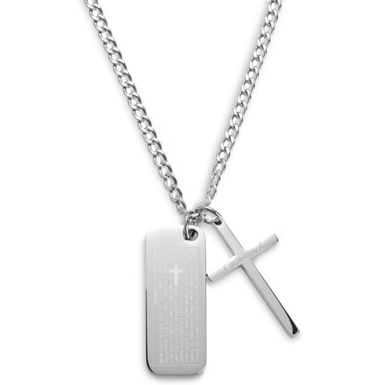 Zilverkleurige schakelketting met een dogtag hanger en een kruis hanger. De dogtag is gegraveerd met tekst.
