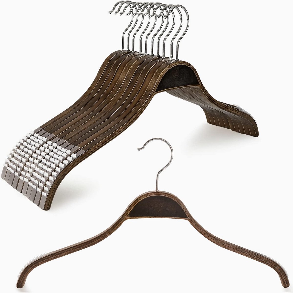 Set van 10 Slimme Houten Kledinghangers met Antislip, Zonder Schouderbobbels