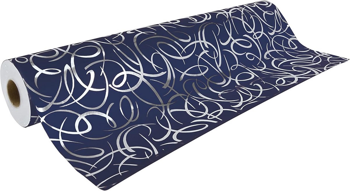 Luxe cadeaupapier rol zilver arabesque blauwe achtergrond inpakpapier