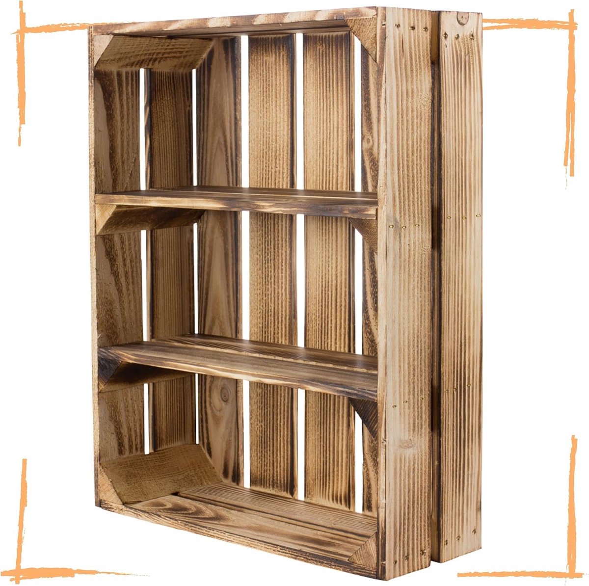 Houten Kist met 3 Vakken - Wandplank of Opbergrek - Flambeer Hout Rustiek (50x40.5x16 cm)
