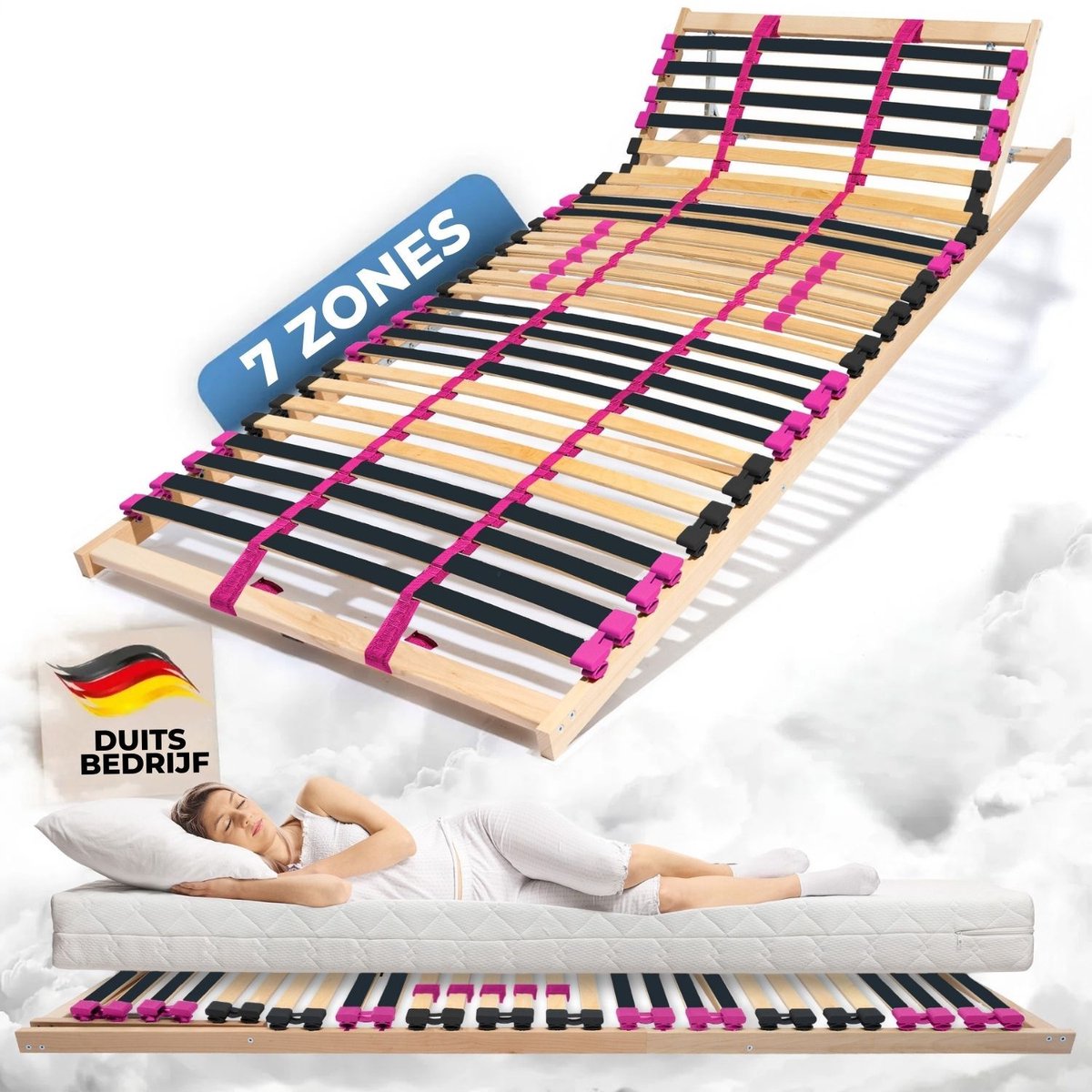 Coemo Lattenbodem “PINK DREAM” – 7-Zones – 28 Flexibele Latten – Verstelbaar Hoofdeinde – Geschikt voor alle matrastypes – 120x200 cm