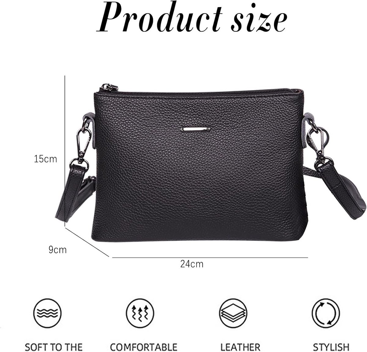 Leren Schoudertas Dames Zwart met Verstelbare Banden - Compacte Crossbody Handtas