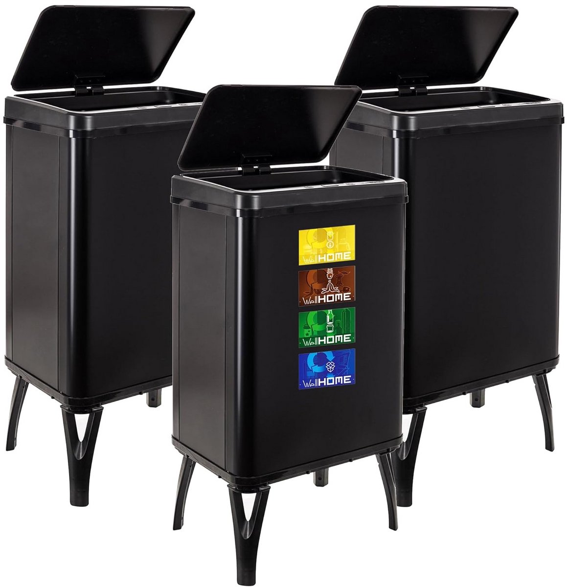3x Smarte Vuilnisbak met Sensor en Poten - 40L - Zwart