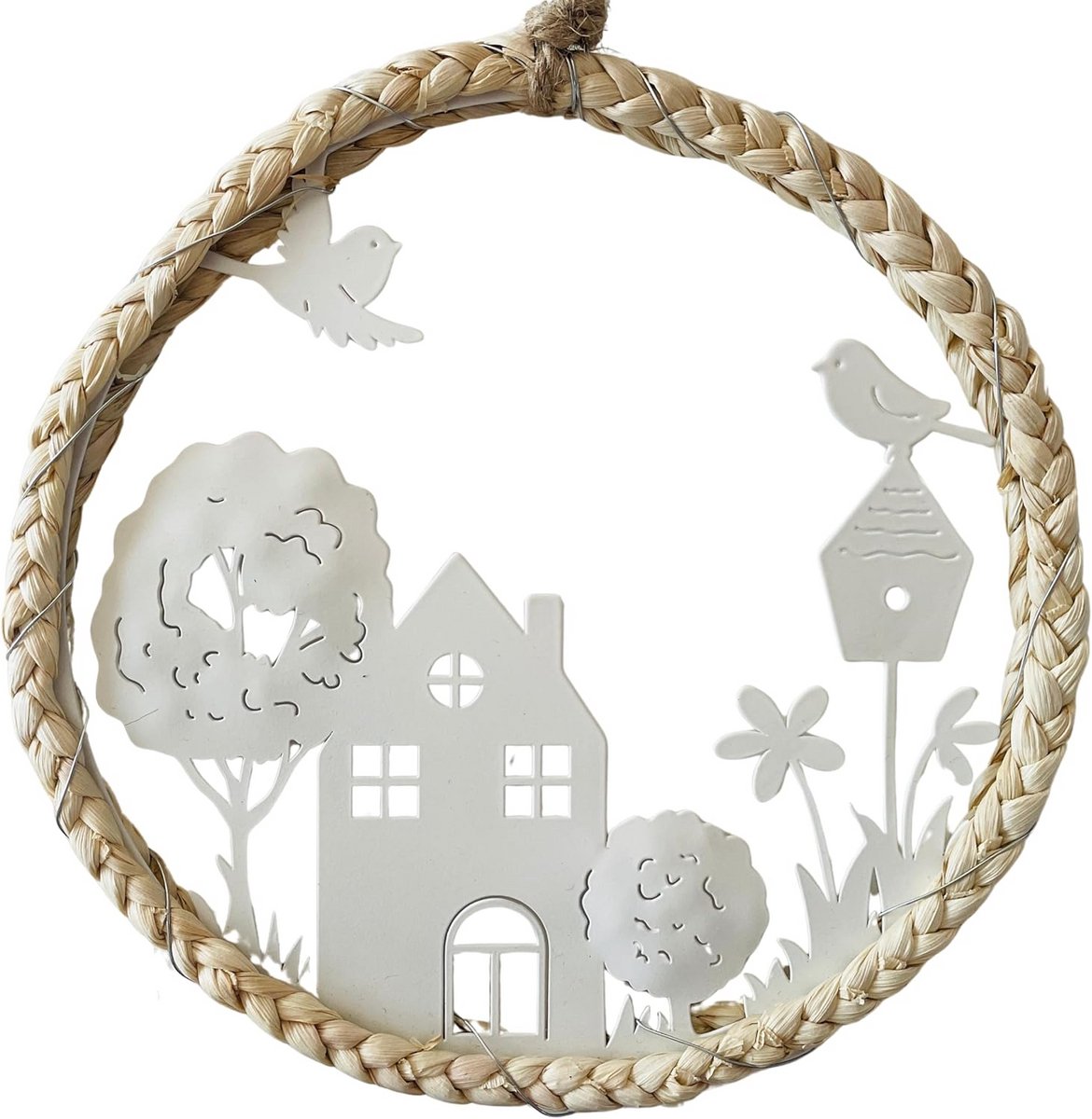 Decoratieve Deurkrans 18 cm - Metalen Wreath met Zeegras en Jute - Huis- en Bloempatroon - Lente & Zomer Decoratie