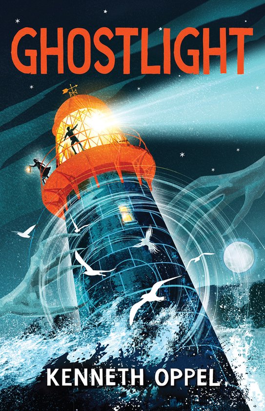 Boek "Ghostlight" van Kenneth Oppel, met een illustratie van een vuurtoren bij nacht met figuren die erop klimmen.