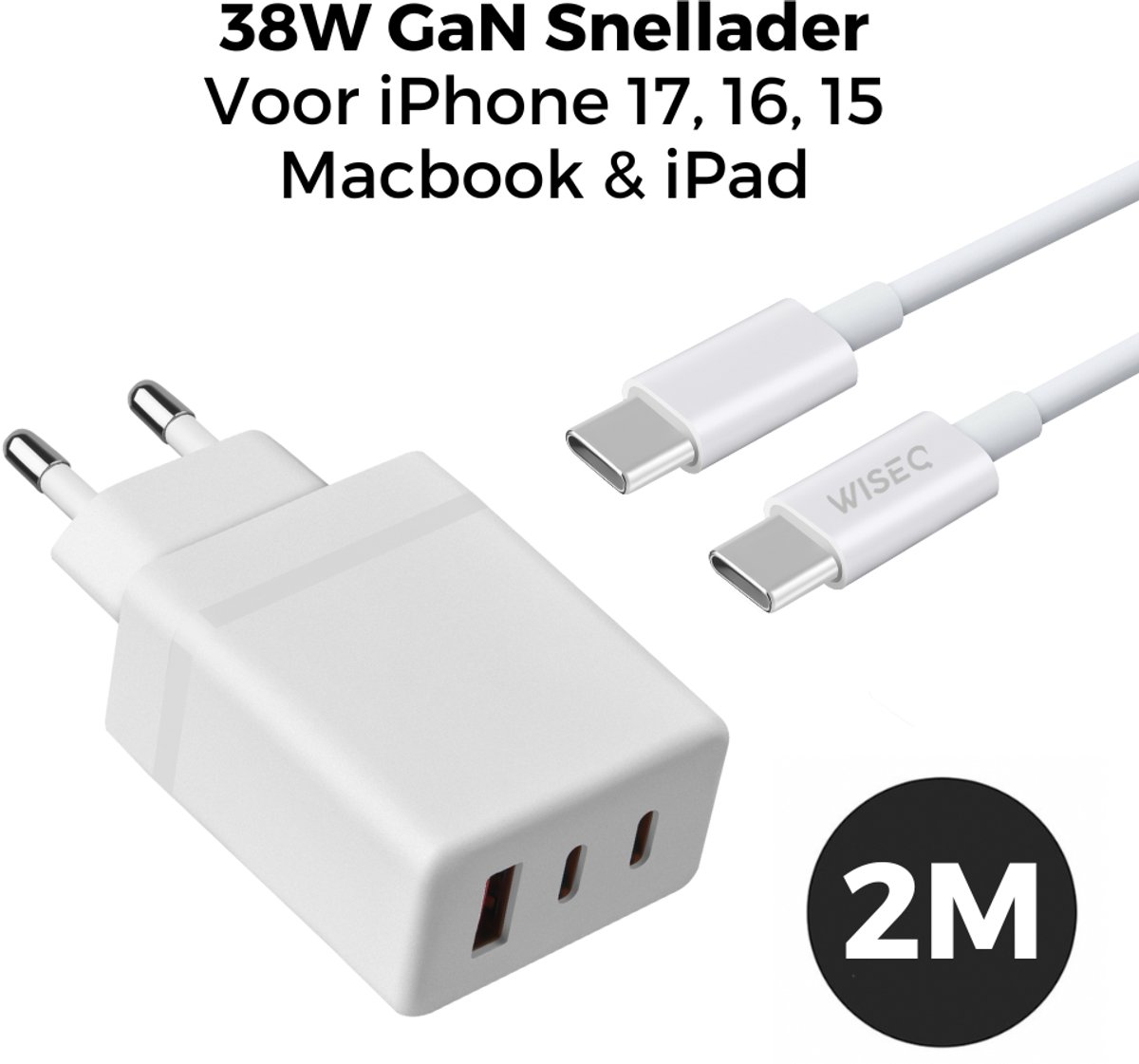 38W USB C Snellader met 2m 100W Kabel, GaN Technologie, 3 Poorten, Geschikt voor iPhone 15-17, Samsung, MacBook - Afbeelding 2