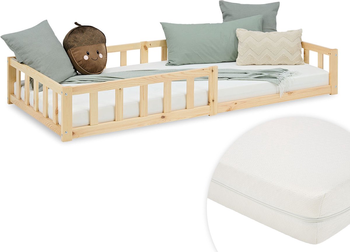 Homestyle4u Kinderbed 90x200 cm - Vloerbed met valbeveiliging en matras - Natuur Natuurlijke Kleuren