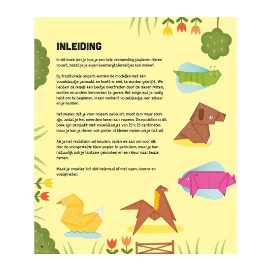 Origami dieren: een groen rupsje, een bruine hond, een roze varken, een geel eendje, een bruin paard en een gele zwaan.