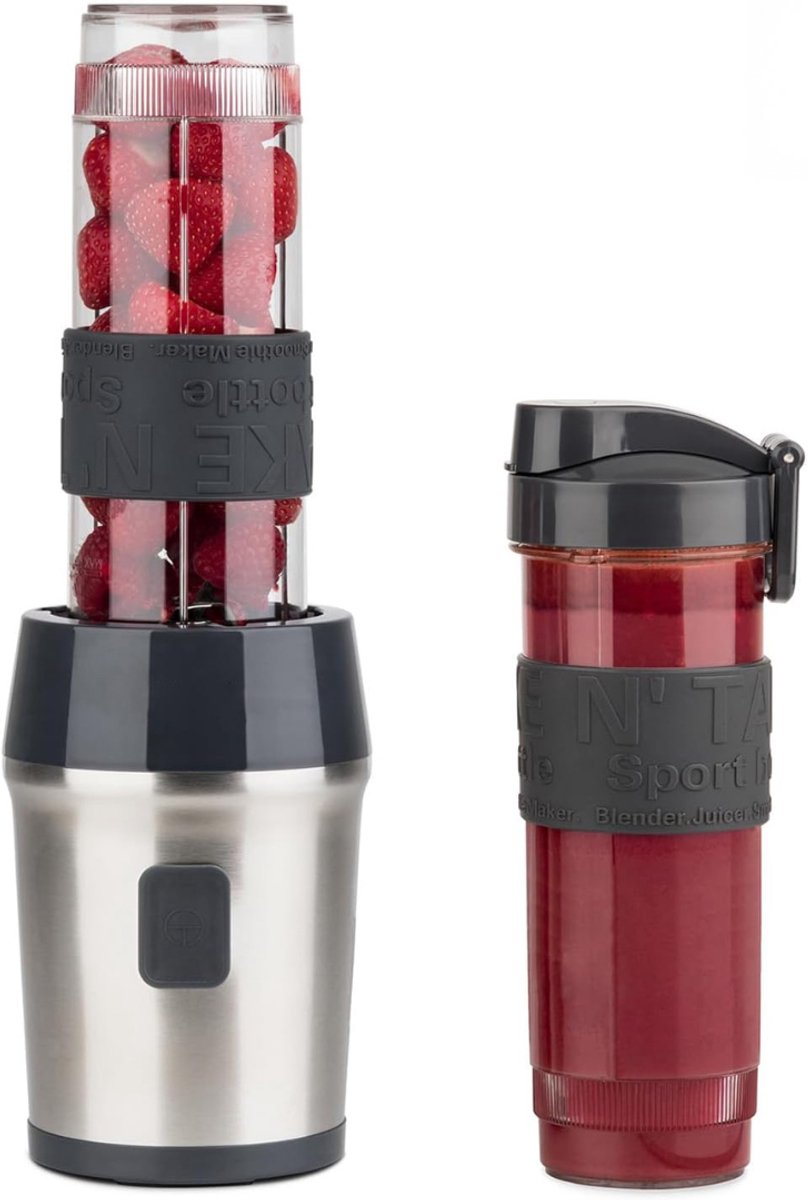 DVDSS® Shake blender - Mini Blender - Krachtig - 2 Flessen met reisdeksel - 4 Roestvrijstalen messen - 11,3 x 15 x 35 centimeter - Zwart
