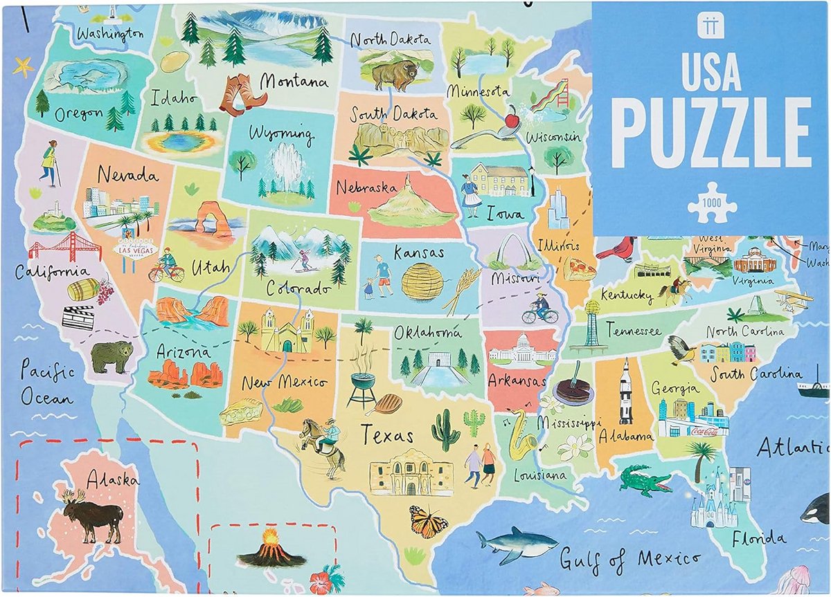 1000-Delige Legpuzzel USA Kaart met Alle 50 Staten en Bezienswaardigheden