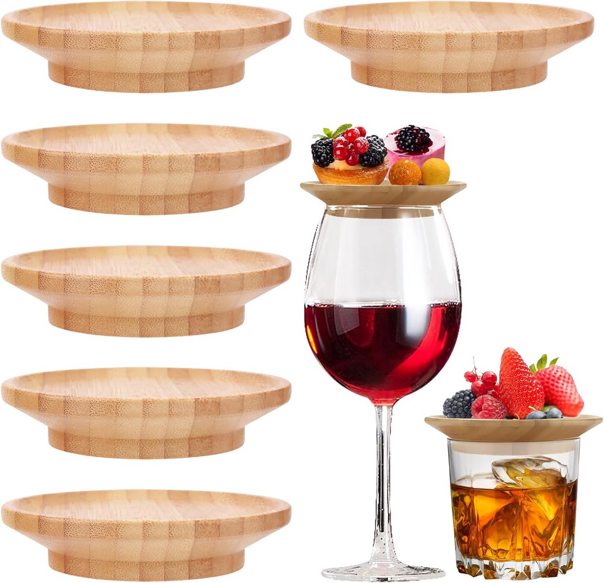 Set van 6 Houten Charcuterie Toppers voor Wijnglazen - Borrelplankje