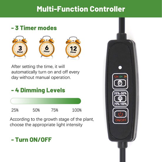 Zwarte controller met knoppen voor timer (3, 6, 12 uur) en dimbare verlichting (25-100%).