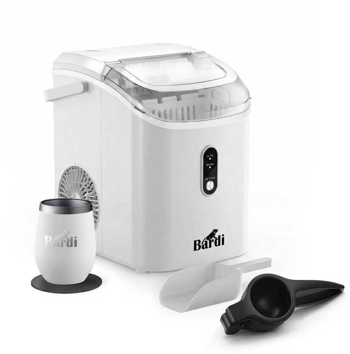 Bardi 1.1L - Nugget IJsblokjesmachine Rond - Crushed Ice Maker met IJsschep - 15kg/24 uur - Ijsblokjesmaker - Met Lux Thermosbeker - WIT - Citruspers Zwart